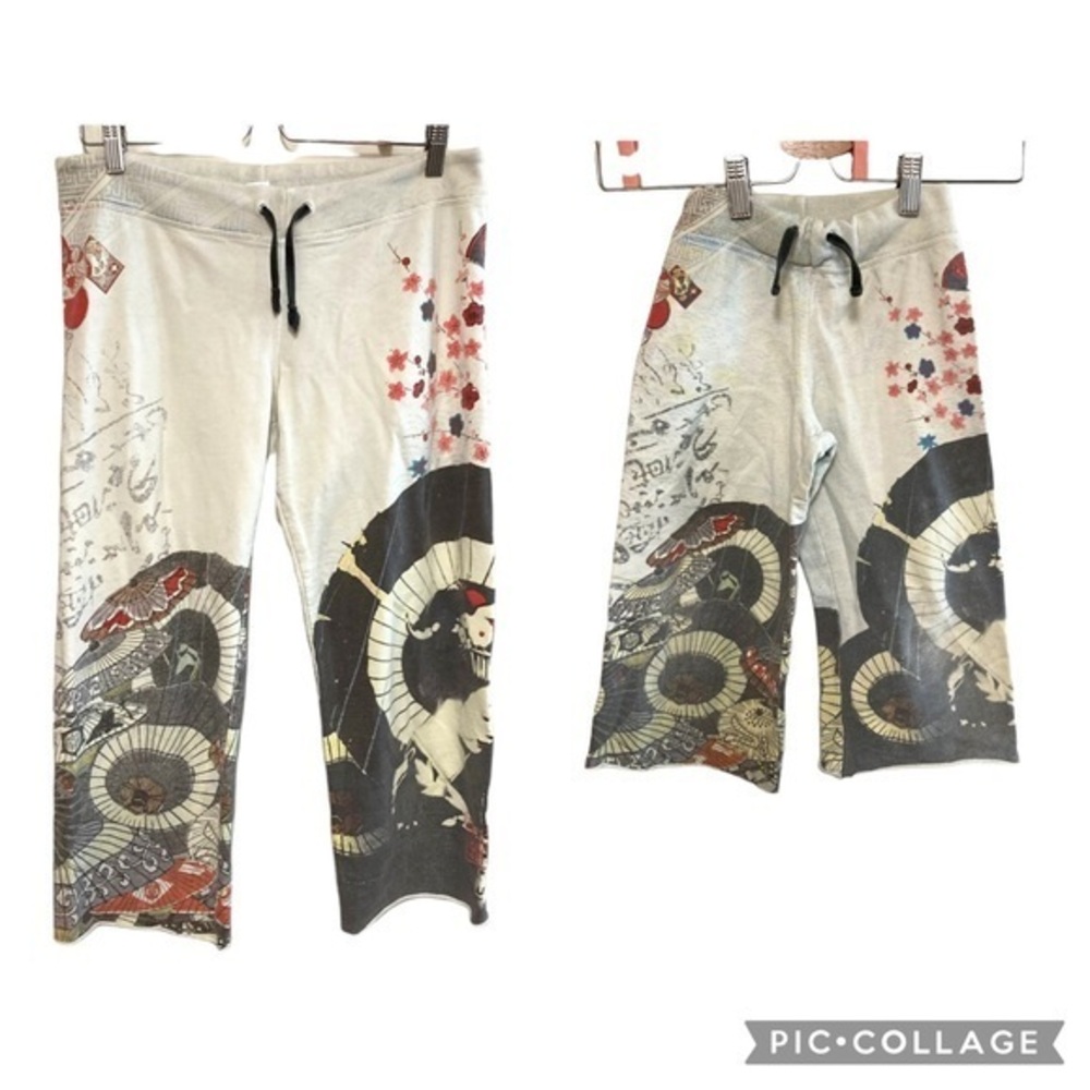 VTG Y2K lucky brand knit cropped sweatpants‎ mom & me graphic print Asian M & 4y